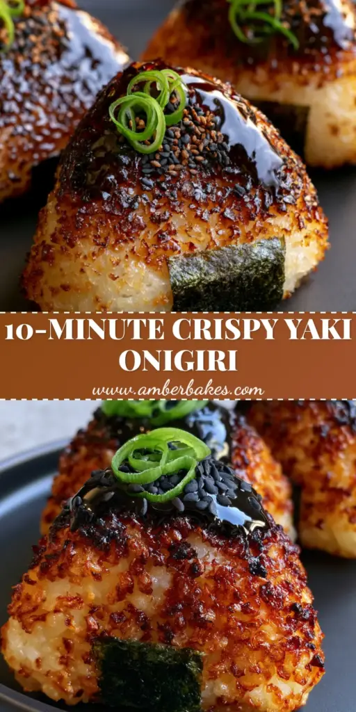 Three triangular Yaki Onigiri with a dark miso glaze, black sesame seeds, and green scallions on a black plate.