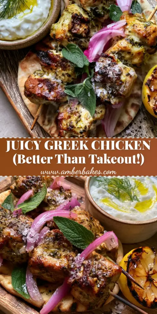 A rustic white platter featuring three glistening Greek chicken skewers with char marks, charred lemon halves, and red onion rings. (Greek chicken skewers)
