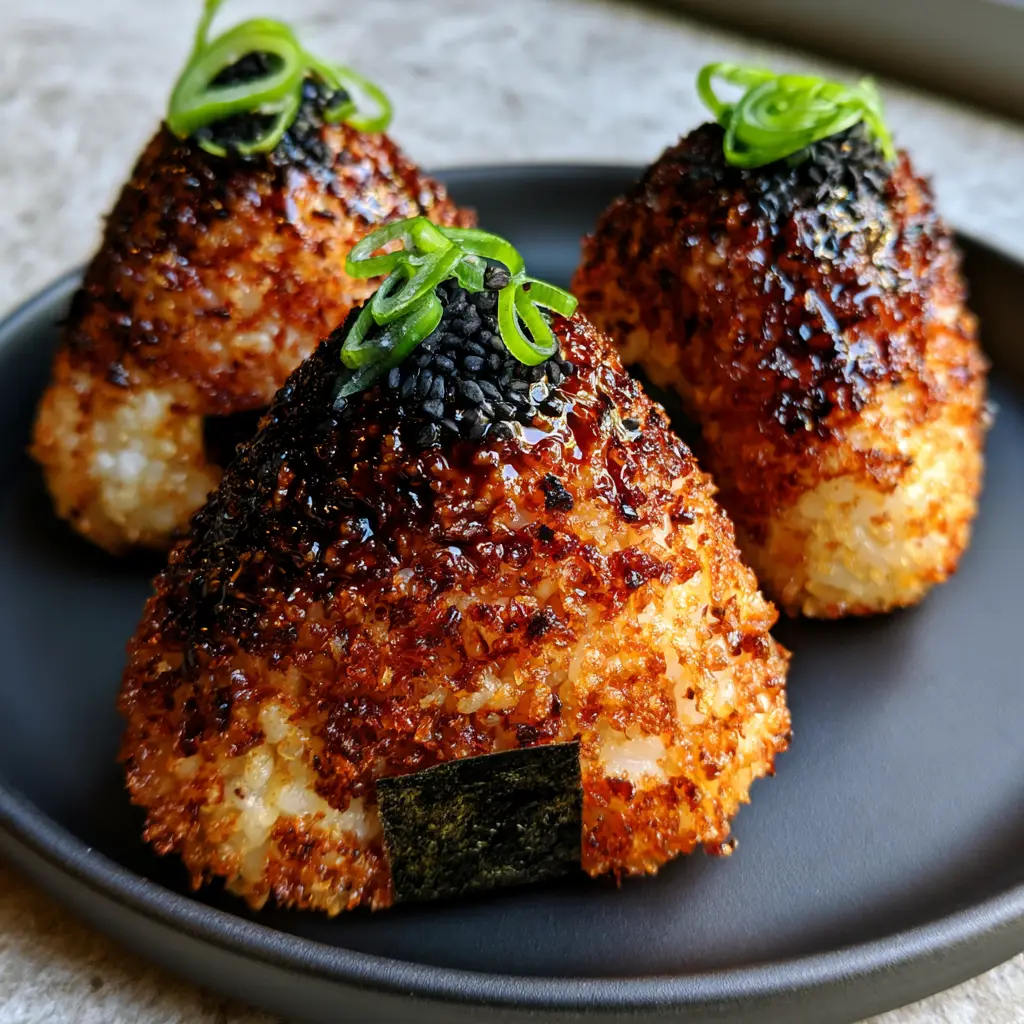 Three triangular Yaki Onigiri arranged on a minimalist matte black ceramic plate.