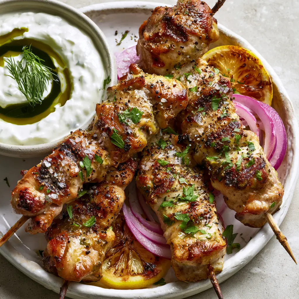 Greek chicken skewers served on a white plate with thick tzatziki sauce and charred lemons.