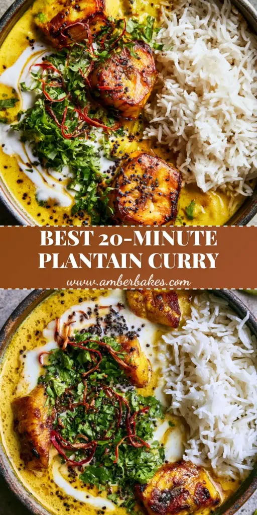 A top-down shot of vibrant golden plantain curry with caramelized chunks, coconut cream swirl, and red chili threads in a dark bowl. (plantain curry)