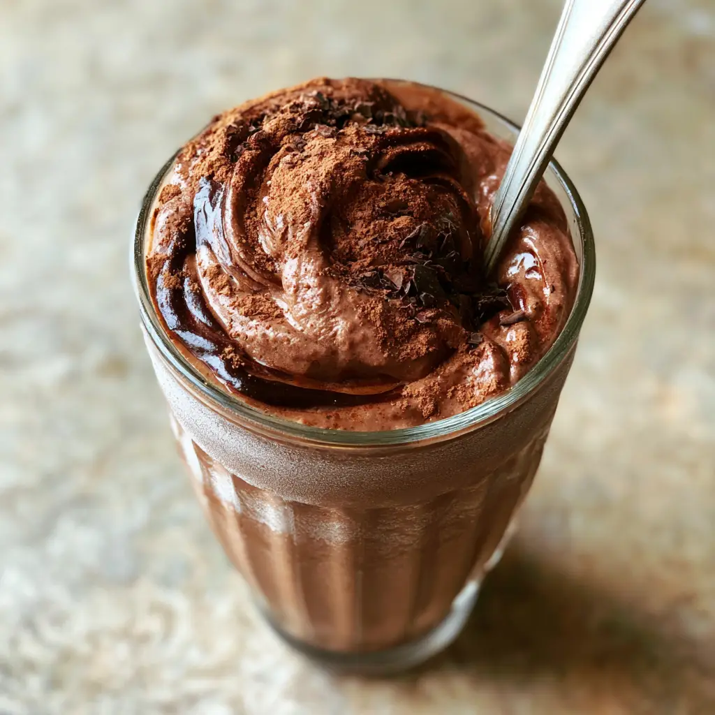 A close-up of a dense, matte chocolate milkshake with deep cocoa swirls and a frosty glass. (chocolate milkshake recipes)