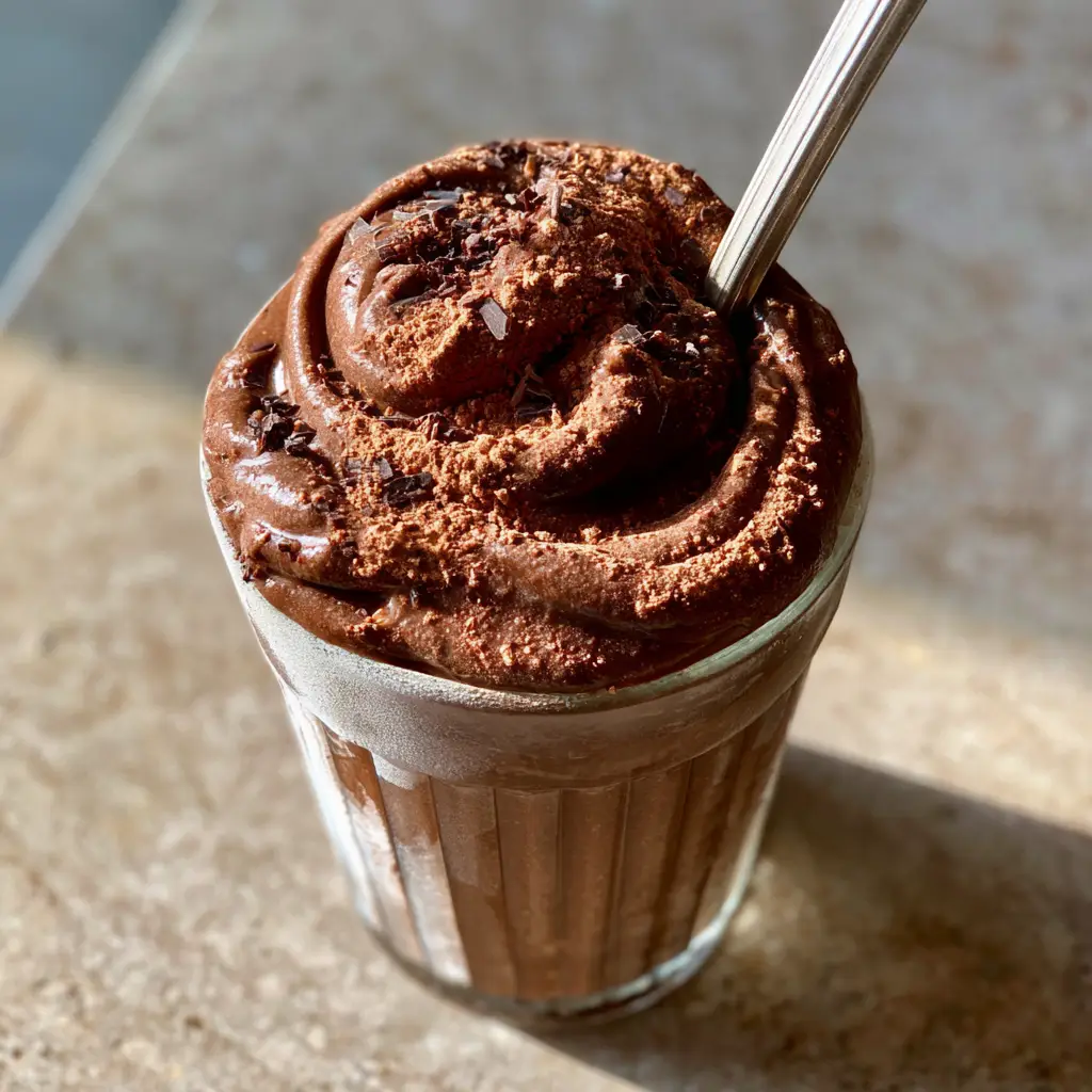 Side-lit photo of a chocolate milkshake in a ribbed glass with raw cocoa powder dusting and dark chocolate shavings.