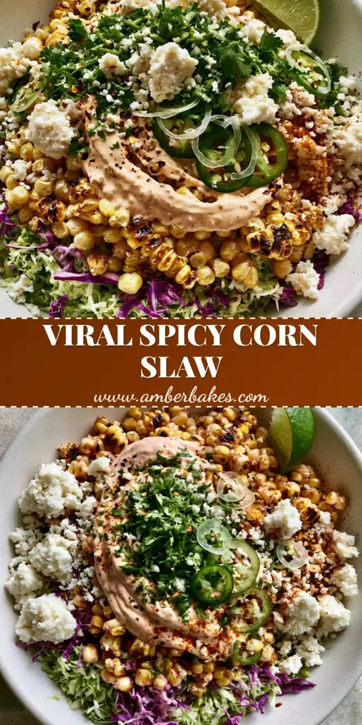 Spicy Corn Slaw with Fire-Roasted Corn and Chipotle Lime Crema 4 A top-down view of spicy corn slaw featuring charred corn, purple cabbage, and a pink crema drizzle in a white bowl. (spicy corn slaw)