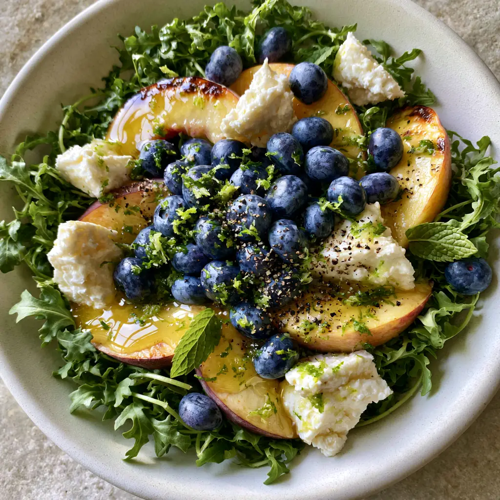 Blueberry Peach Feta Salad with Honey Lime Vinaigrette 2 Close-up of charred peaches and blueberries in a Blueberry Peach Feta Salad with ruffled arugula greens.