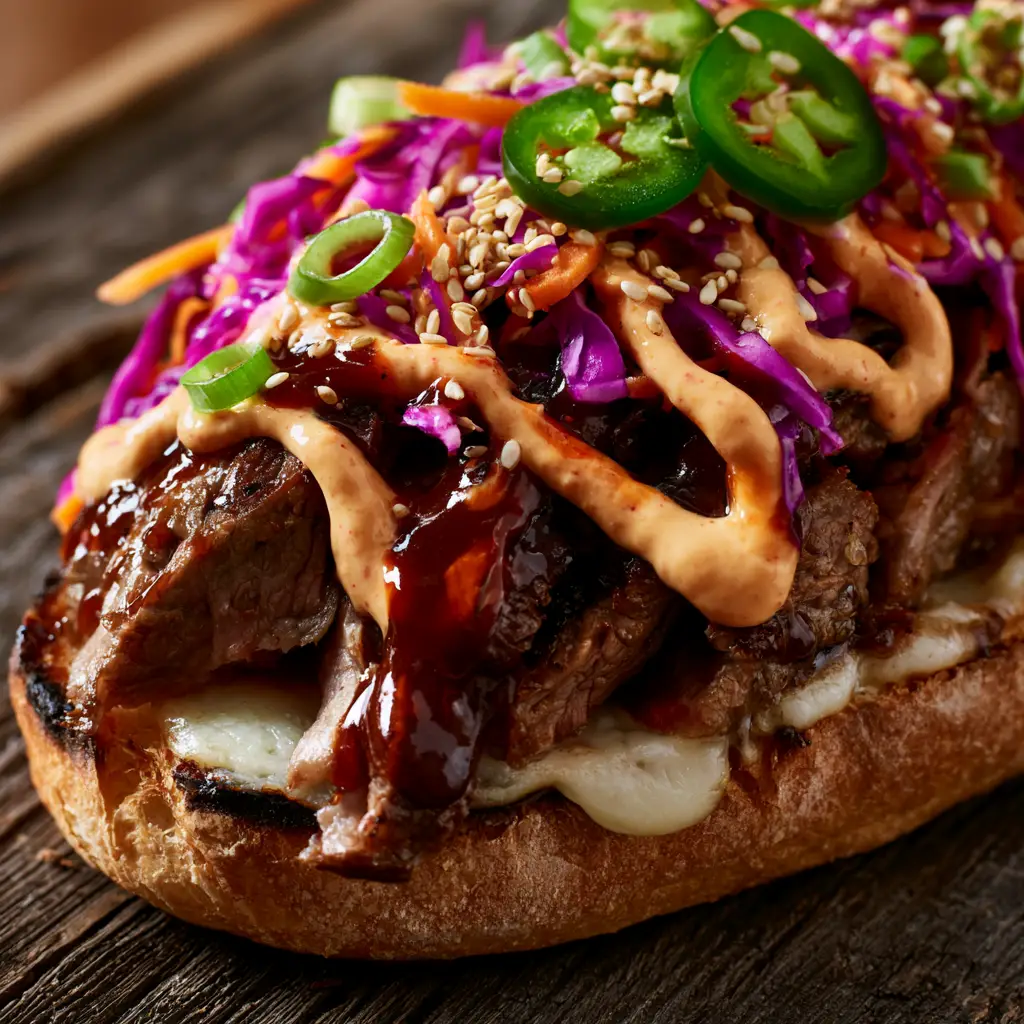 Home 6 Extreme macro of seared ribeye steak with mahogany glaze and orange Gochujang aioli drizzle. (Korean Steak Sandwich)