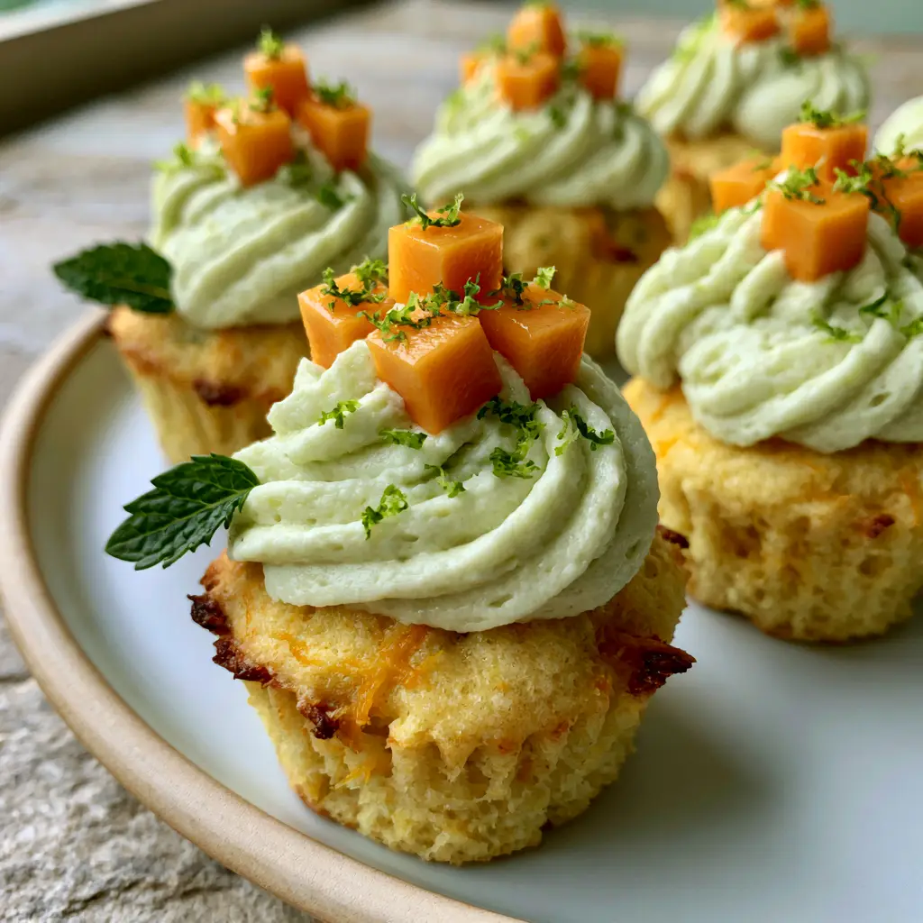 Mango Lime Mini Cupcake Bites with a Hidden Curd Center 1 Detailed shot of a mango lime mini cupcake bite with a bite taken out, revealing the hidden mango curd center.