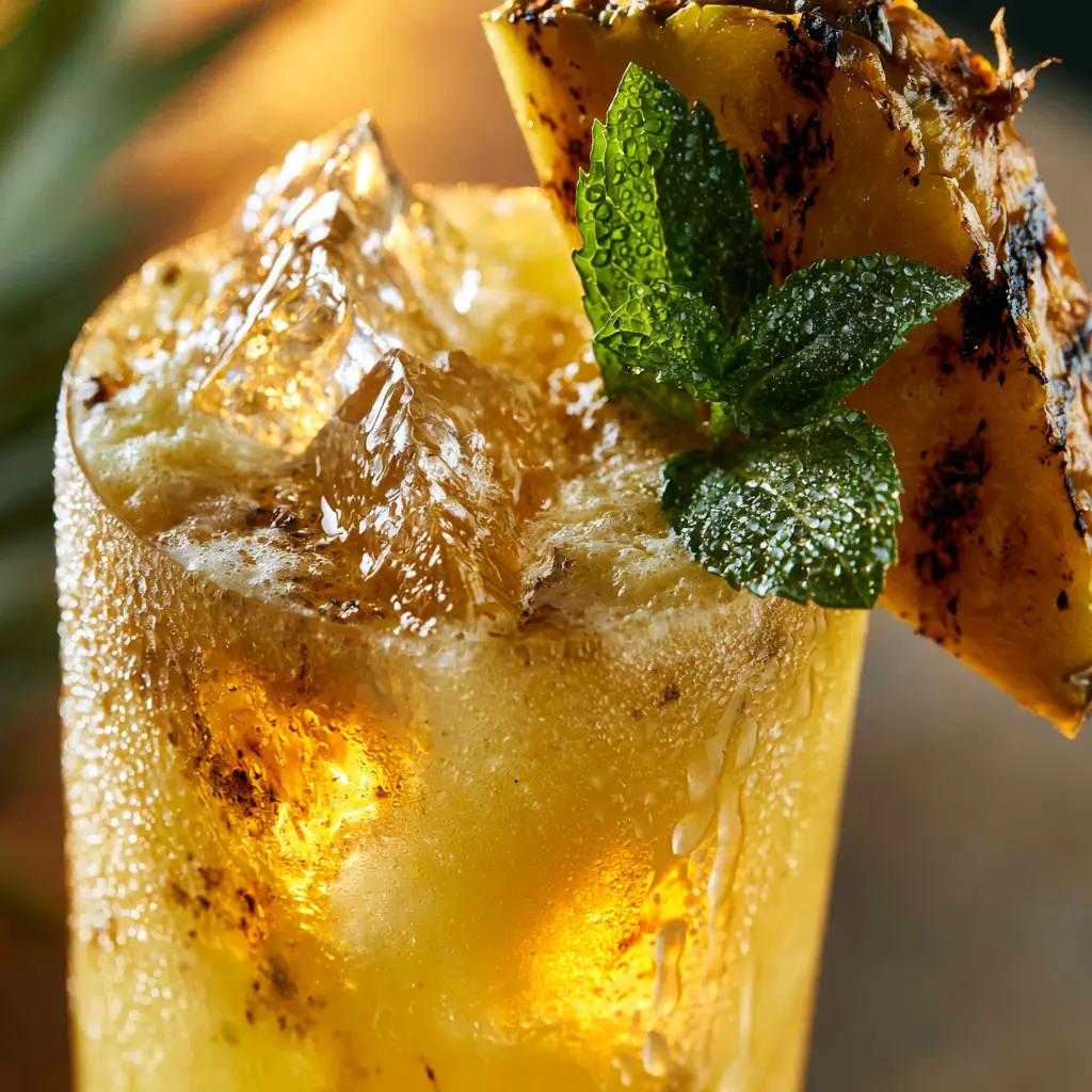 Extreme close-up of a vibrant yellow pineapple rum cocktail with heavy condensation and frothy top layer. (pineapple rum cocktails)