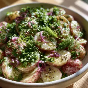 Macro shot of French Potato Salad showing waxy red potato rounds glistening with Dijon vinaigrette and fresh parsley.