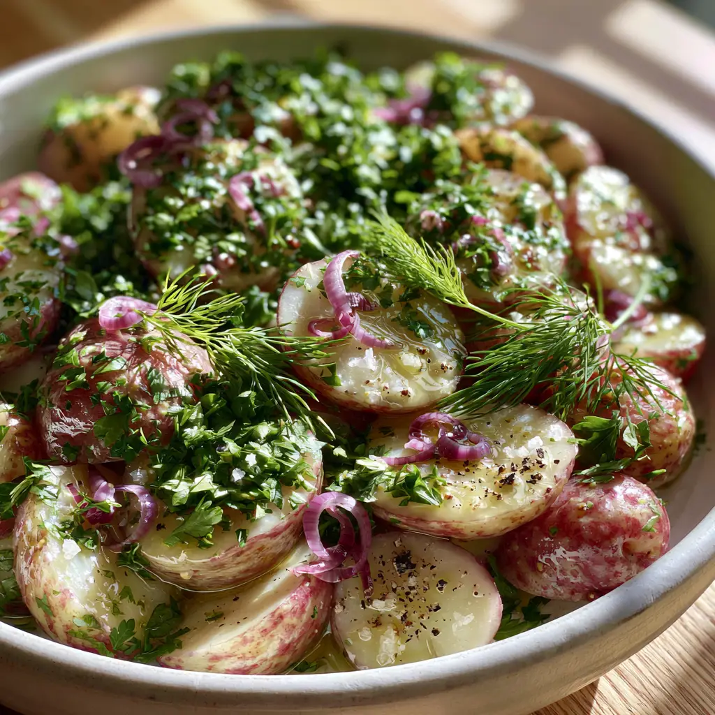 Macro shot of French Potato Salad showing waxy red potato rounds glistening with Dijon vinaigrette and fresh parsley.