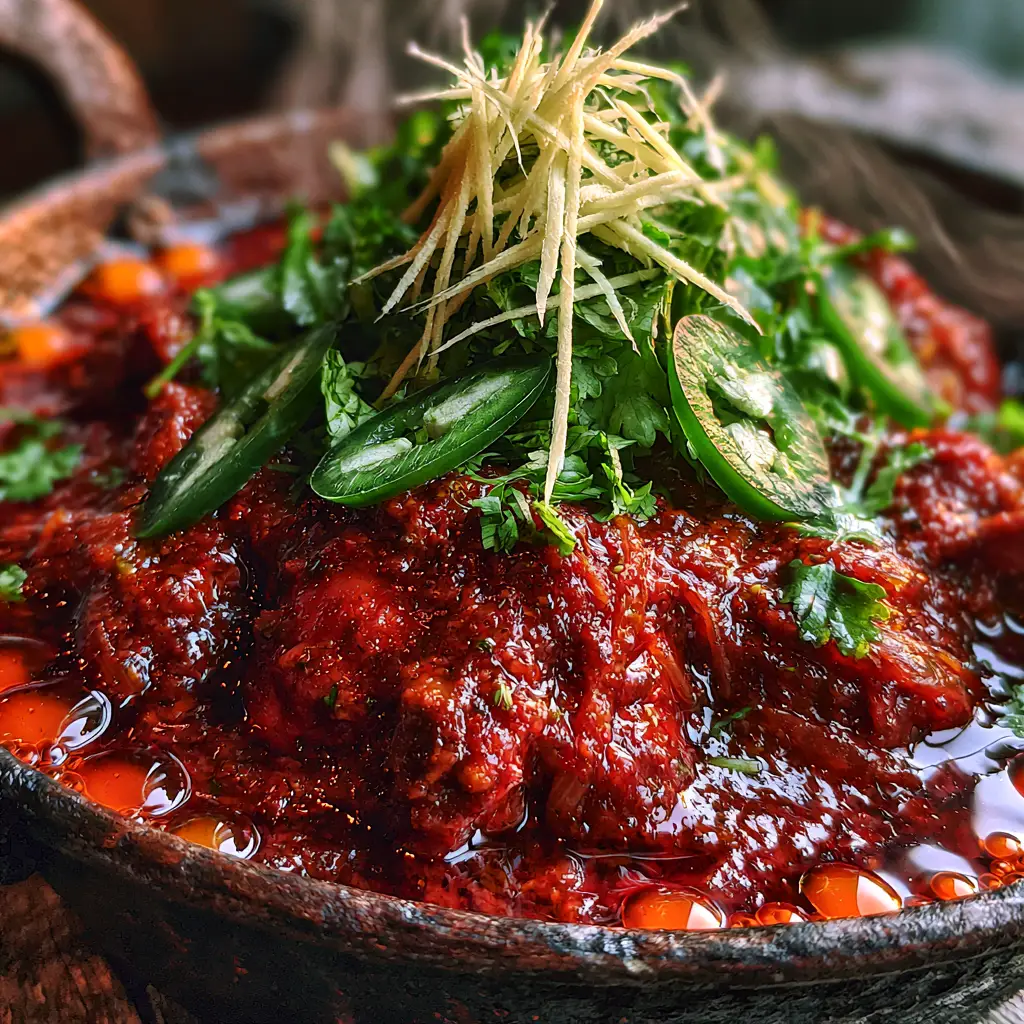 Close-up of tender chicken pieces coated in a thick reddish-brown gravy with orange oil separation. (Pakistani foods)