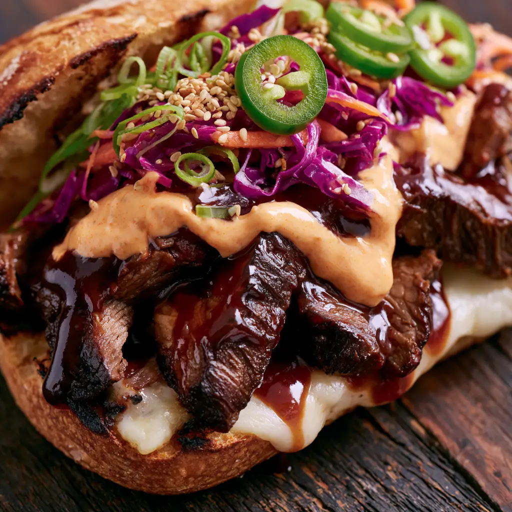 Korean Steak Sandwich with Mahogany Bulgogi Glaze and Gochujang Aioli 1 Close-up of toasted baguette with melted provolone cheese and purple cabbage slaw on a Korean Steak Sandwich.
