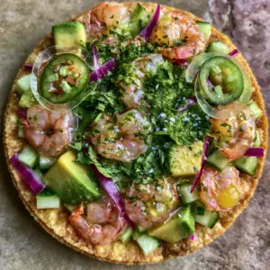 Top-down macro photo of Shrimp Ceviche with translucent pink shrimp, electric purple onions, and green jalapeños on a rustic stone background.