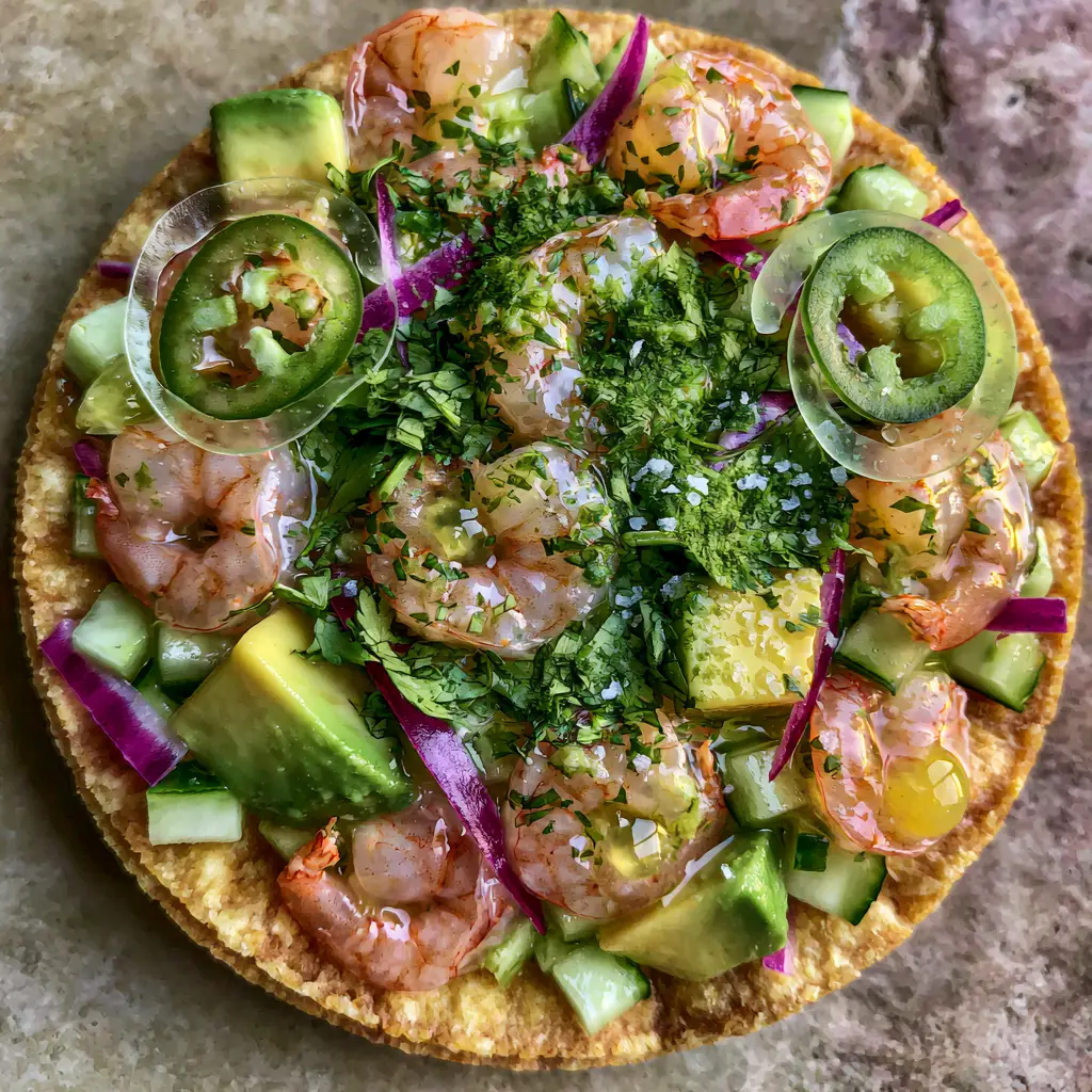 Top-down macro photo of Shrimp Ceviche with translucent pink shrimp, electric purple onions, and green jalapeños on a rustic stone background.