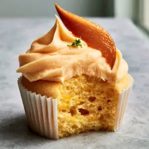 Extreme close-up of a mango cupcake with a bite removed, showing the golden interior crumb and air pockets. (Mango Cupcakes)