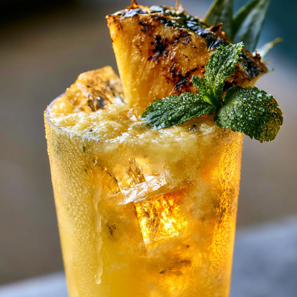 Pineapple Rum Cocktails: The Ultimate Charred Tropical Refresher 1 A charred pineapple wedge on the rim of a chilled cocktail glass in golden hour sunlight. (pineapple rum cocktails)