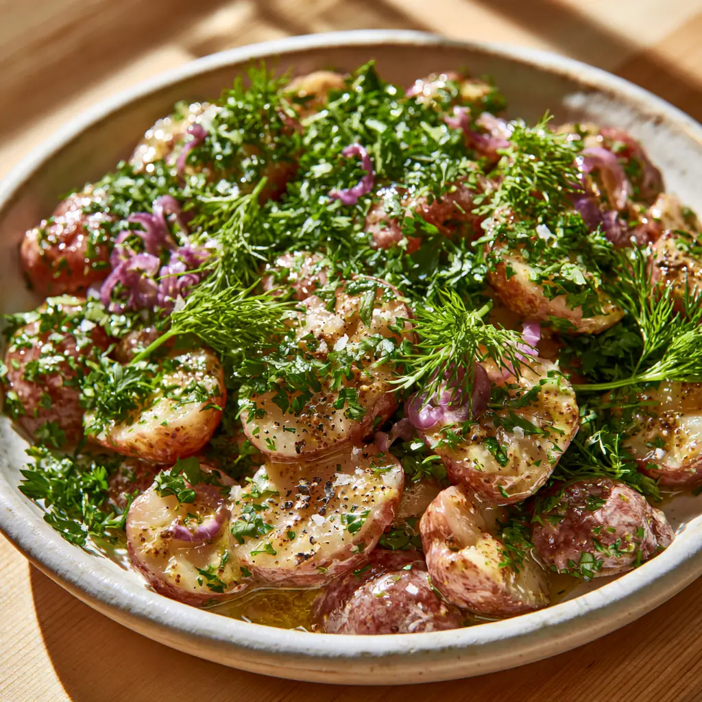 French Potato Salad with Herbed Dijon Vinaigrette and Red Potatoes 1 Top-down angled view of French Potato Salad in a rustic ceramic bowl with visible cracked pepper and shallot curls.