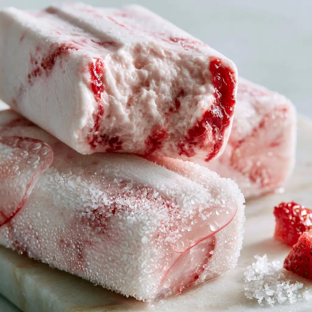 Popsicle Recipes: The Ultimate Creamy Strawberry Greek Yogurt Swirl 1 Artisanal popsicles with visible strawberry slices and wooden sticks on marble. (Popsicle recipes)