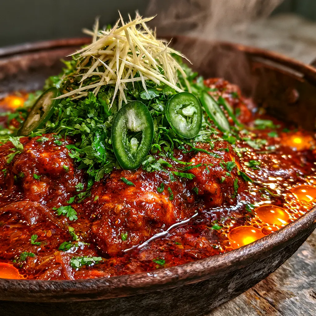 Pakistani Foods: The Ultimate Authentic Karahi Chicken Recipe 1 Top-down view of Karahi chicken garnished with fresh cilantro and diagonally sliced serrano chilies.