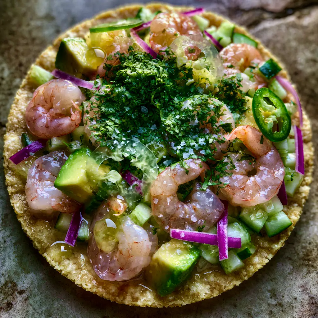Shrimp Ceviche on Crispy Tostadas: The Ultimate Fresh Mexican Recipe 1 Smartphone photo showing the texture of lime-cured shrimp, creamy avocado, and sea salt flakes in a Shrimp Ceviche.