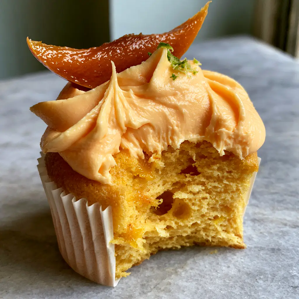 Mango Cupcakes with Silky Mango Cream Cheese Frosting and Fresh Lime Zest 1 Detailed view of silky pale-orange mango cream cheese frosting with smooth peaks and lime zest garnish. (Mango Cupcakes)