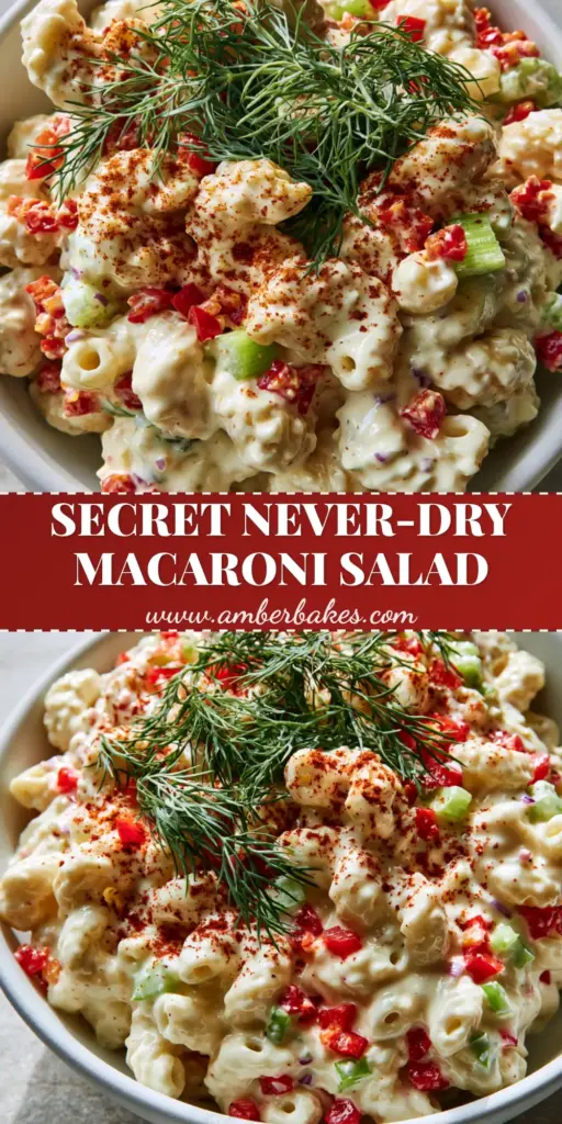 A top-down shot of a matte white bowl filled with creamy macaroni salad garnished with fresh dill and smoked paprika.