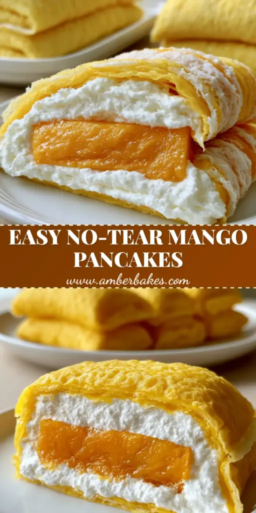 A stack of vibrant Hong Kong Mango Pancakes on a minimalist white plate, showcasing the paper-thin golden crepe and rectangular shape.