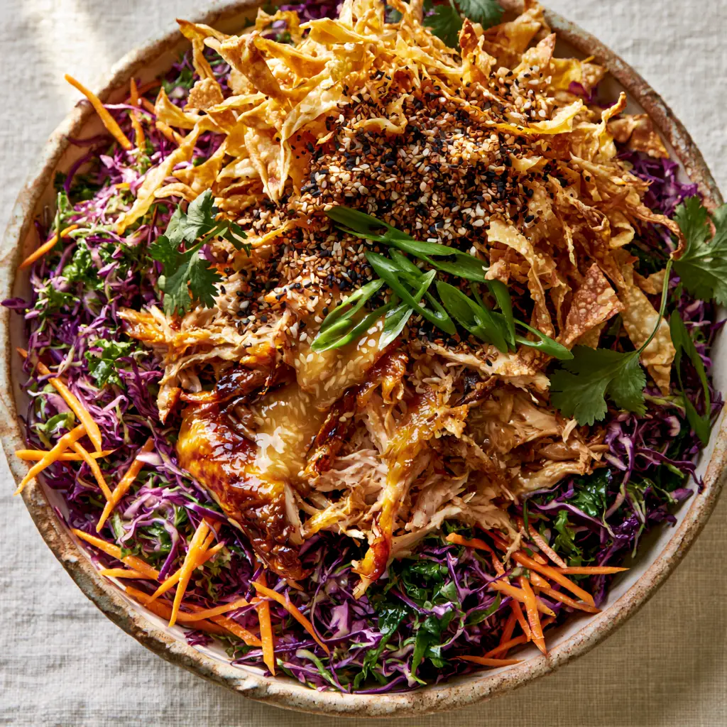 Close-up of hand-shredded rotisserie chicken on a bed of greens with sesame ginger dressing drizzle.