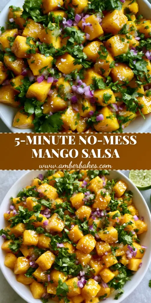 A top-down view of a vibrant mango salsa in a white bowl on a marble surface, perfect for a mango recipe.