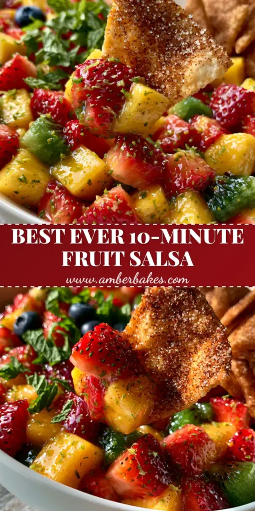 A scoop of vibrant fruit salsa with strawberries, mango, and kiwi on a cinnamon-dusted tortilla chip. (fruit salsa)