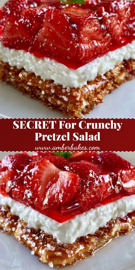 A close-up view of a single square slice of Strawberry Pretzel Salad on a white plate, showing the distinct salty pretzel, white cream, and ruby-red gelatin layers.