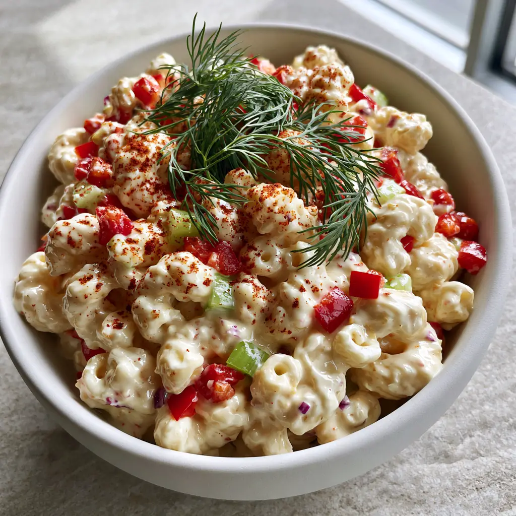 Detailed view of feathery green dill and smoked paprika dusting on a creamy macaroni salad.