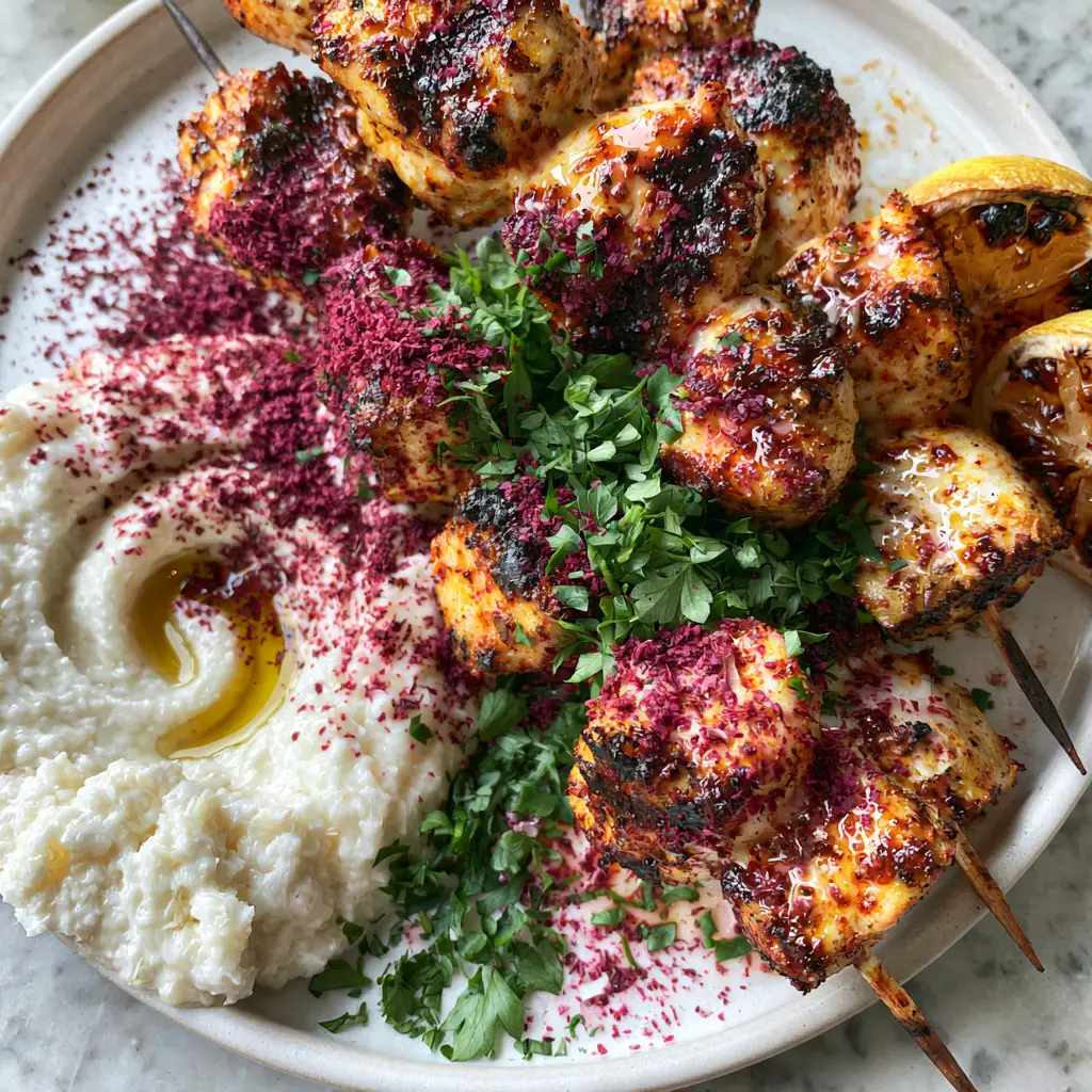 Platter of Shish Tawook garnished with purple sumac and fresh parsley next to a bowl of fluffy Toum garlic sauce.
