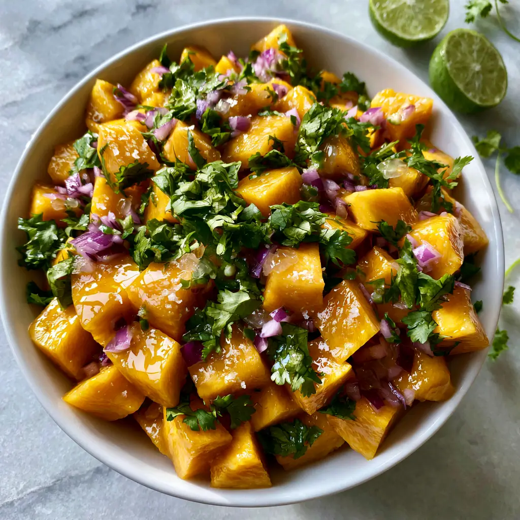 Overhead smartphone photo of fresh mango salsa on a light grey marble countertop.