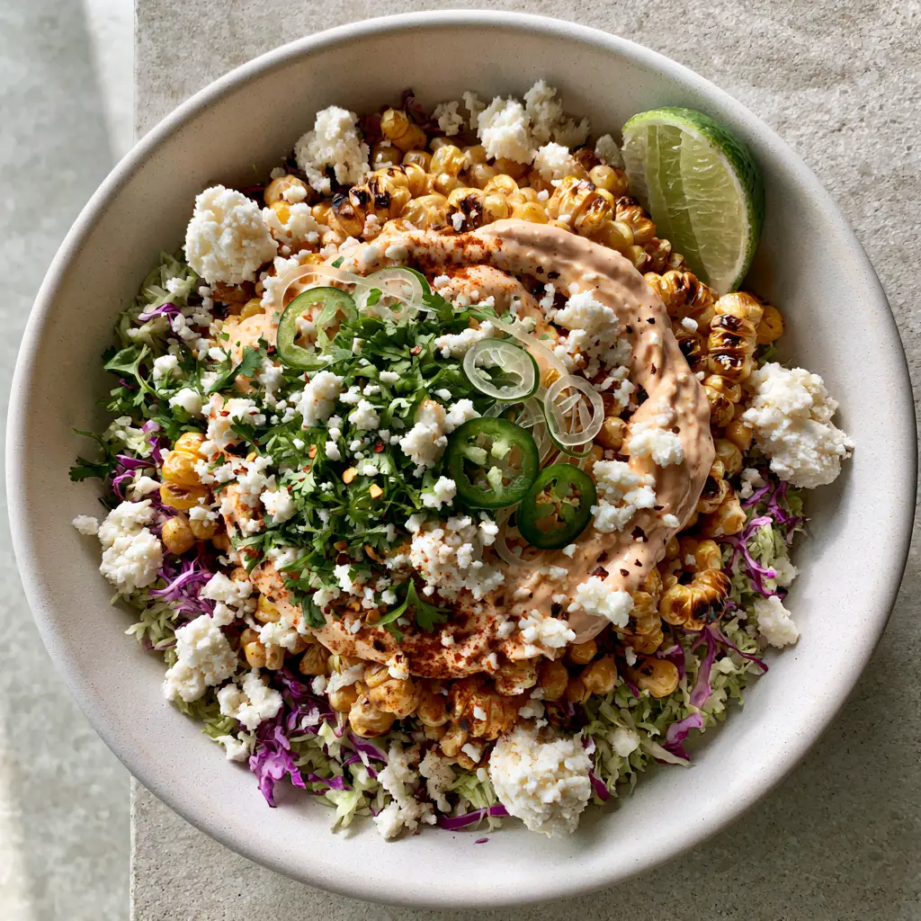Spicy Corn Slaw with Fire-Roasted Corn and Chipotle Lime Crema 1 Wide shot of spicy corn slaw garnished with cotija cheese and jalapeños on a grey stone surface.