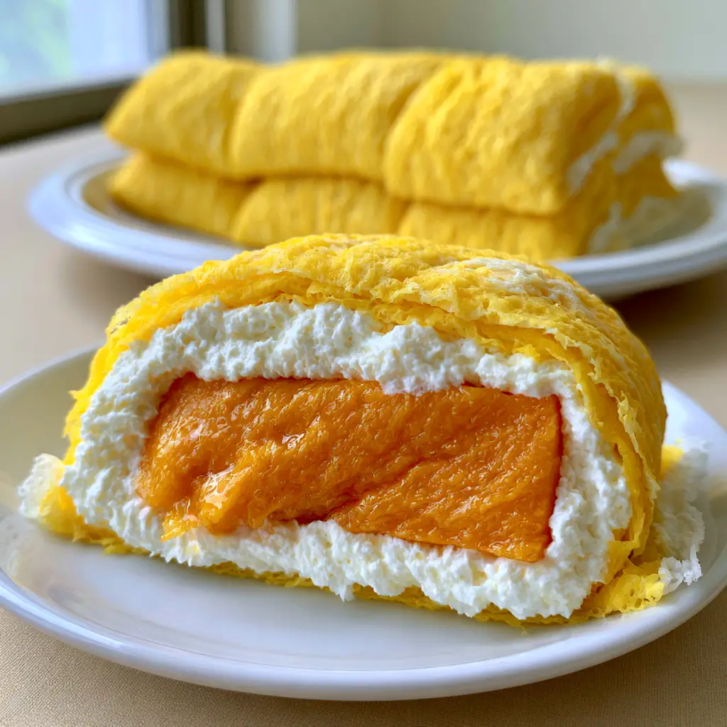 Top view of smooth, matte yellow mango pancakes folded into perfect rectangular pillows on a linen background.