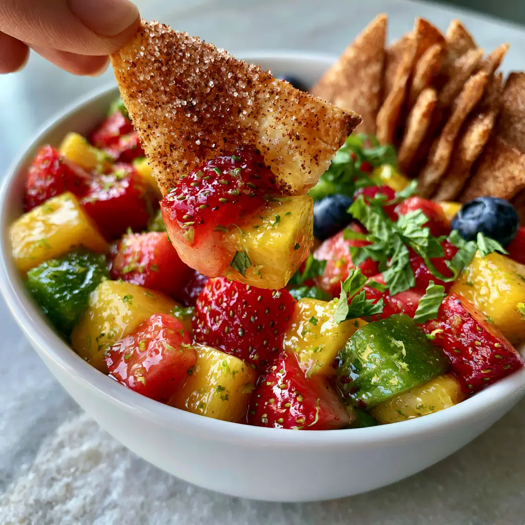 Cinnamon sugar tortilla chips dipping into a bowl of fresh fruit salsa on a grey stone countertop.
