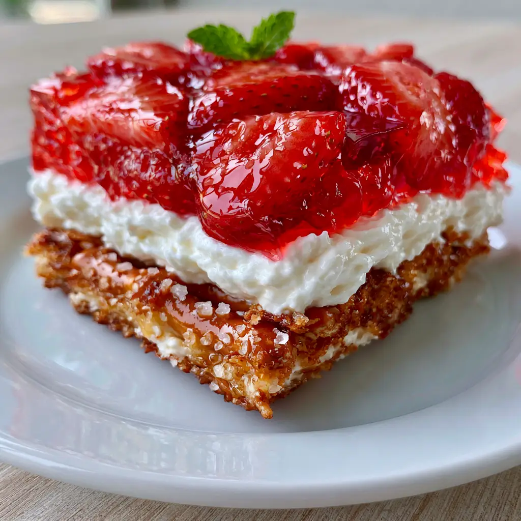 Side view of a Strawberry Pretzel Salad slice highlighting the translucent ruby-red gelatin and fresh halved strawberries.