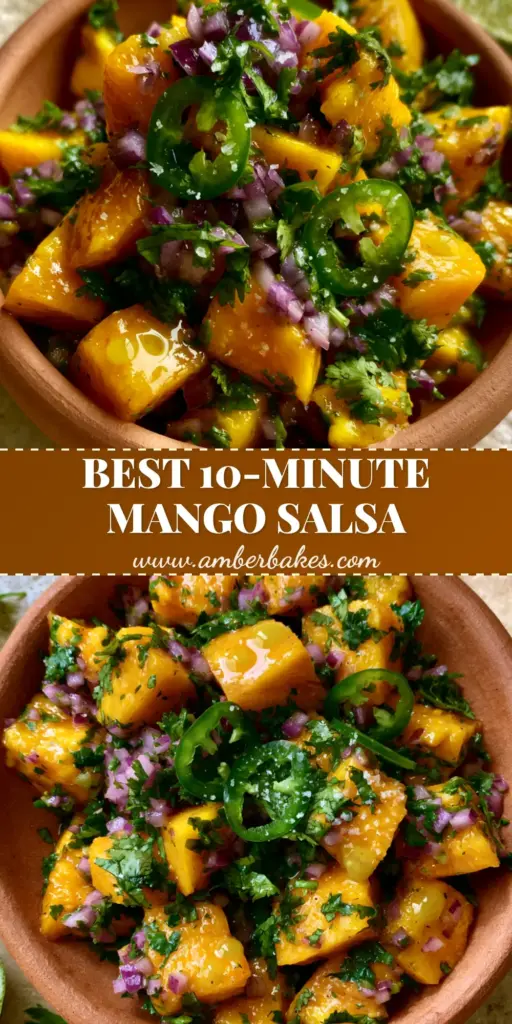 A top-down macro shot of vibrant mango salsa in a terracotta bowl with lime and cilantro. (mango recipes)