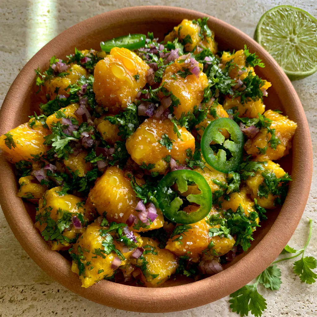Top-down view of mango salsa with visible lime juice droplets and sea salt flakes. (mango recipes)
