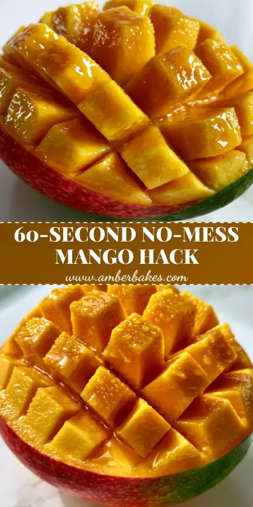 A close-up of a perfectly cut fresh mango hedgehog on a white marble surface, showing the vibrant golden-orange cubes.