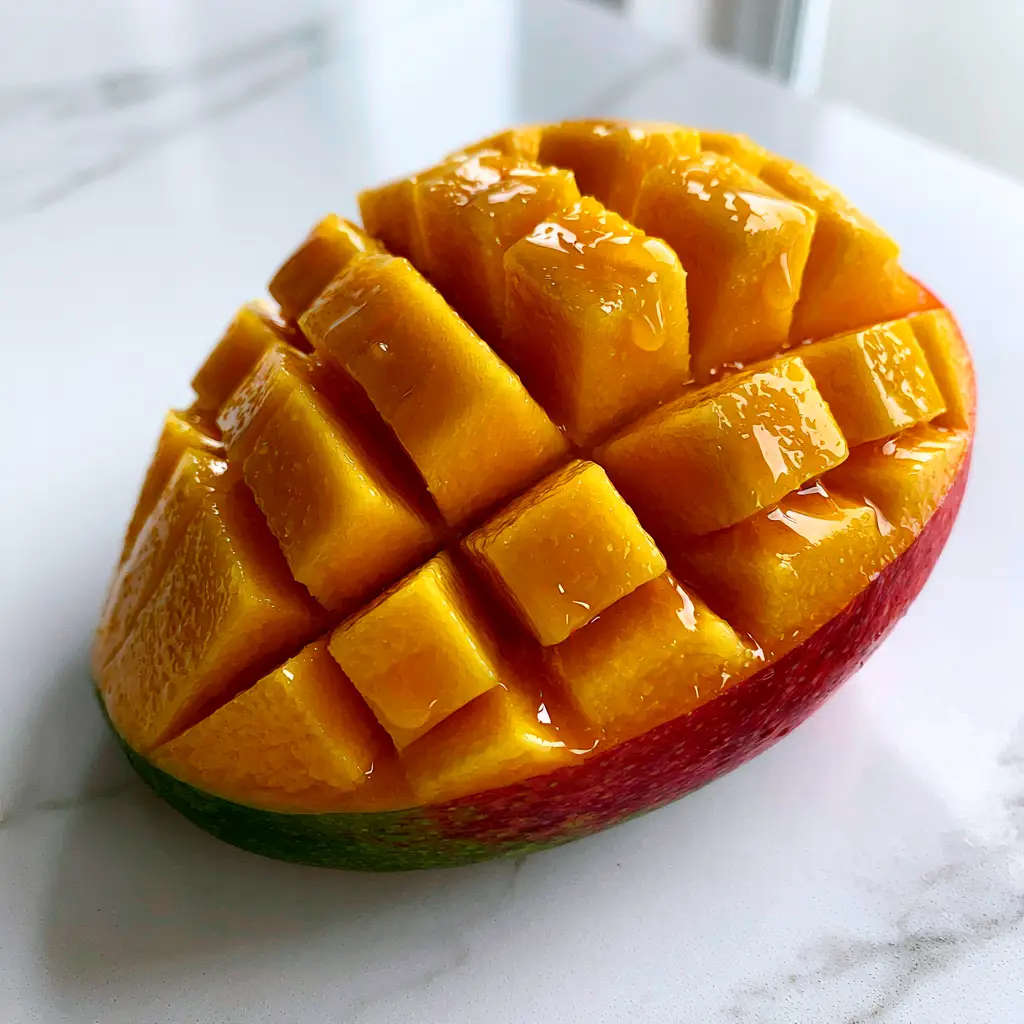 A fresh mango inverted into a hedgehog shape sitting on a clean white marble countertop under soft morning light.