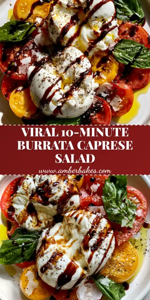 A premium Burrata Caprese Salad with torn cheese and heirloom tomatoes on a white platter. (Caprese Salad)