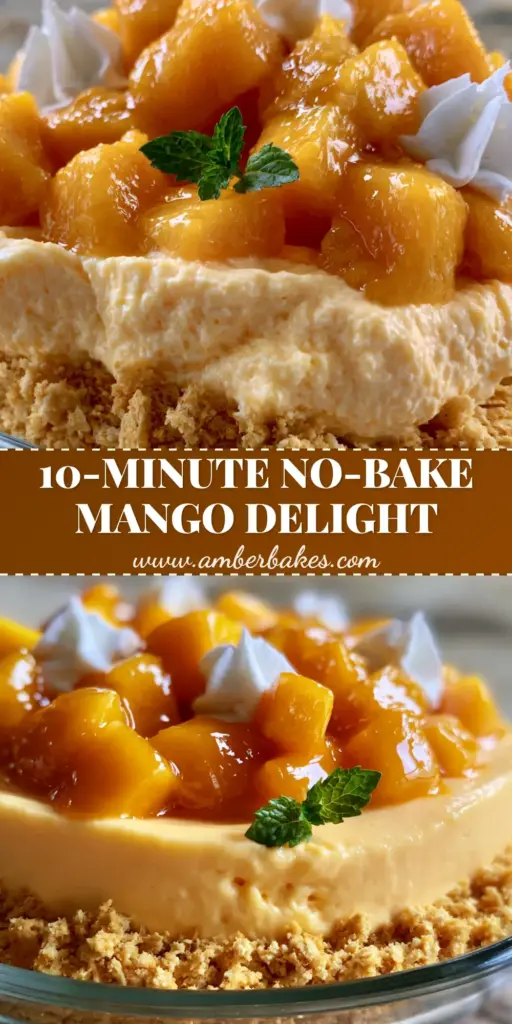 A side-profile shot of a layered mango delight recipe in a glass dish showing cracker crumbs, mousse, and fresh mango. (mango delight recipe)
