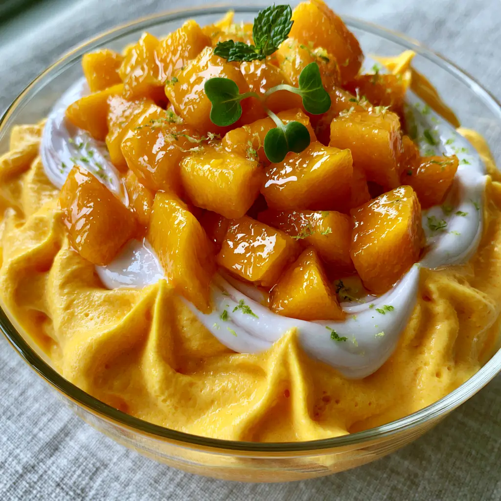 Glistening ripe mango cubes on top of a coconut marbled mousse bowl. (recipes for ripe mangoes)