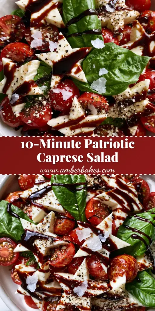 An overhead flat-lay of a festive patriotic caprese salad with red cherry tomatoes, star-shaped mozzarella, and balsamic glaze ribbons.
