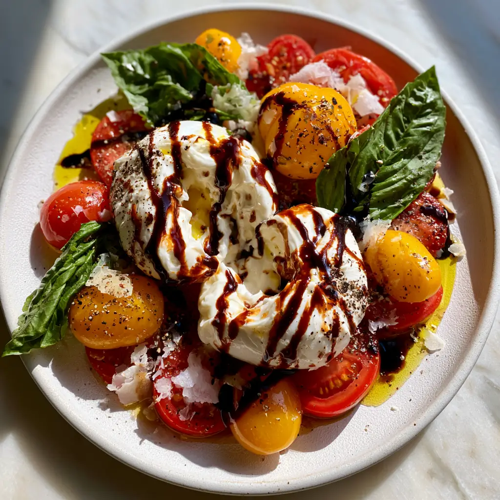 Close-up of thick balsamic glaze zig-zagged over a fresh Burrata Caprese Salad.