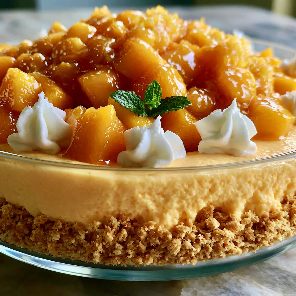 Side view of mango delight recipe in natural sunlight on a marble countertop. (mango delight recipe)