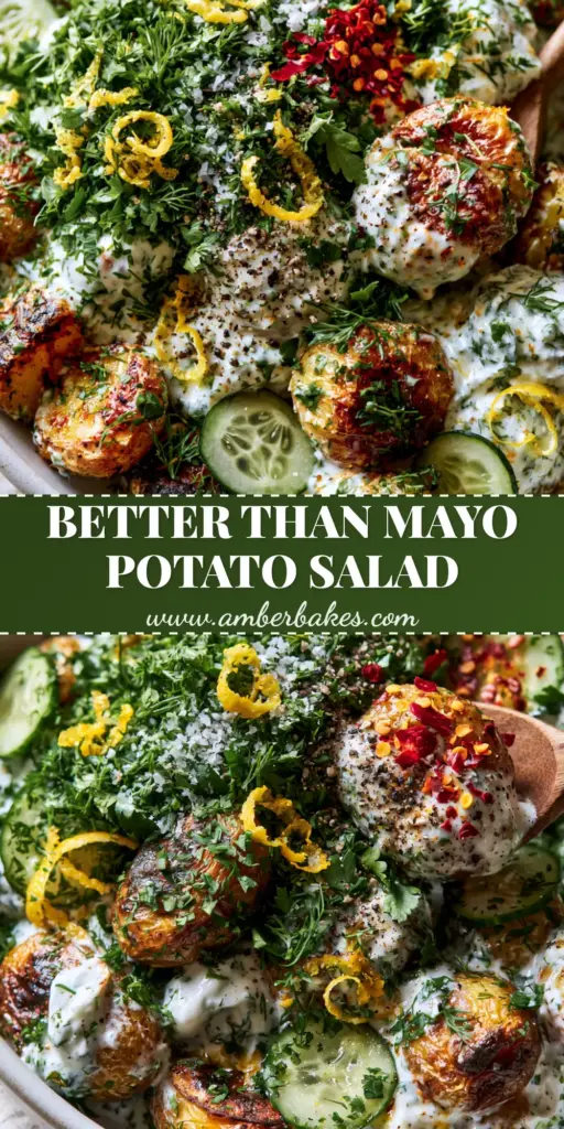 A top-down shot of vibrant Tzatziki potato salad featuring roasted golden potatoes, creamy yogurt sauce, and fresh green herbs in a white bowl.