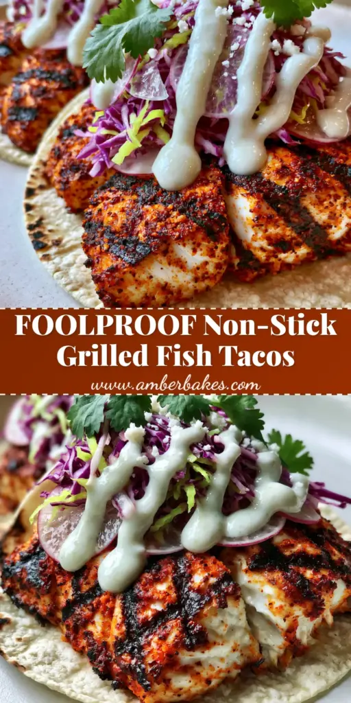 A gourmet plating of three grilled fish tacos with charred corn tortillas, flaky Mahi Mahi, purple and green cabbage slaw, and a lime crema drizzle. (grilled fish tacos)